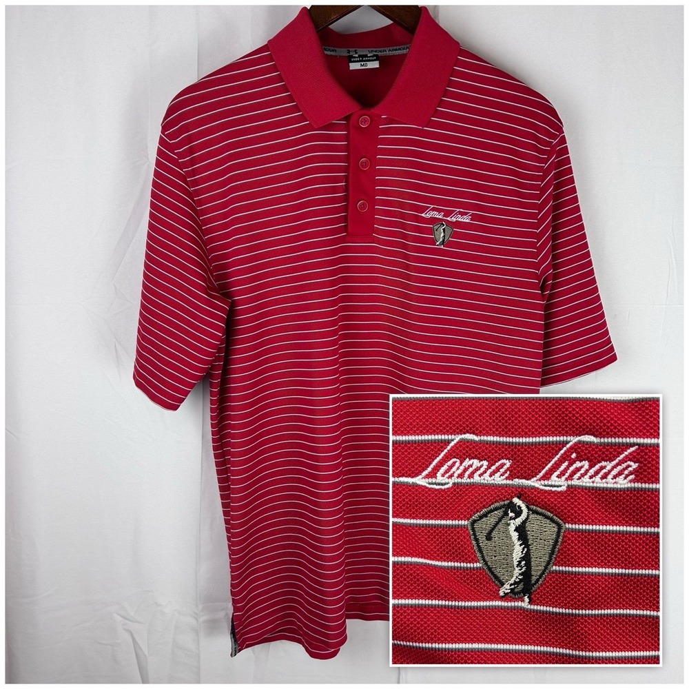 Under Armour Polo Golf Shirt Mens Medium Red‎ Striped Loma Linda